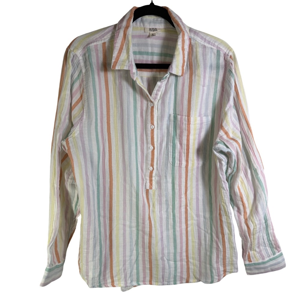 a.n.a Pastel Stripe Cotton Gauze Button Up Shirt XL Long Sleeve Multi Color